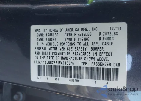 2015 Acura Tlx V6 из США, поврежденный, VIN 19UUB2F31FA013076